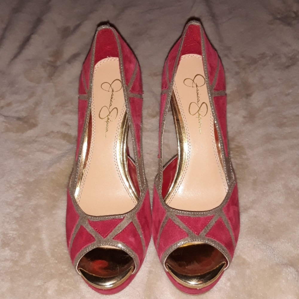 Jessica Simpson red & gold heels